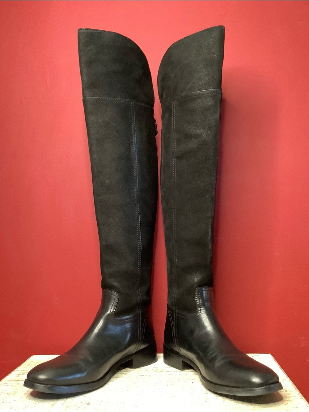 TORY BURCH 9.5 Black Over The Knee Mixed Leather Riding Boot Back Zip Low Heel